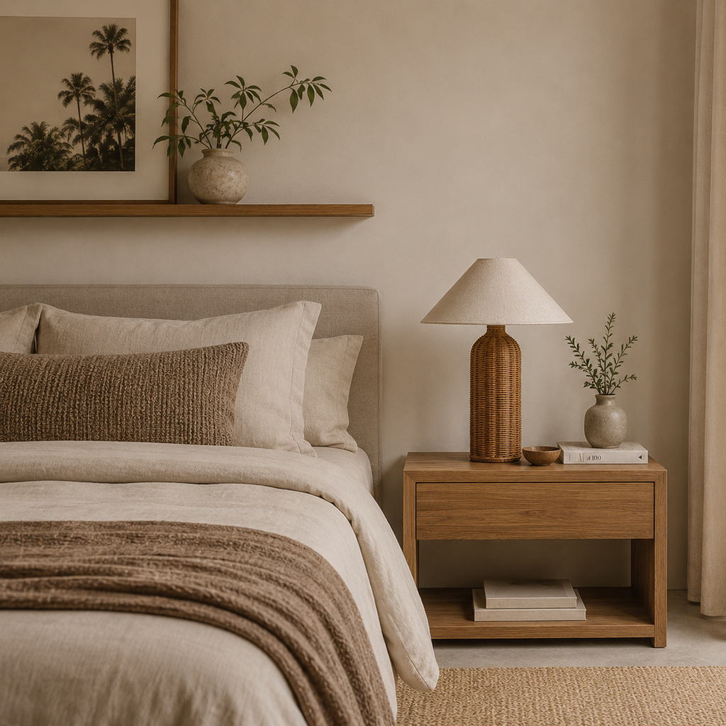 Cozy bedroom with wooden nightstand, lamp, and decor