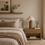 Cozy bedroom with wooden nightstand, lamp, and decor