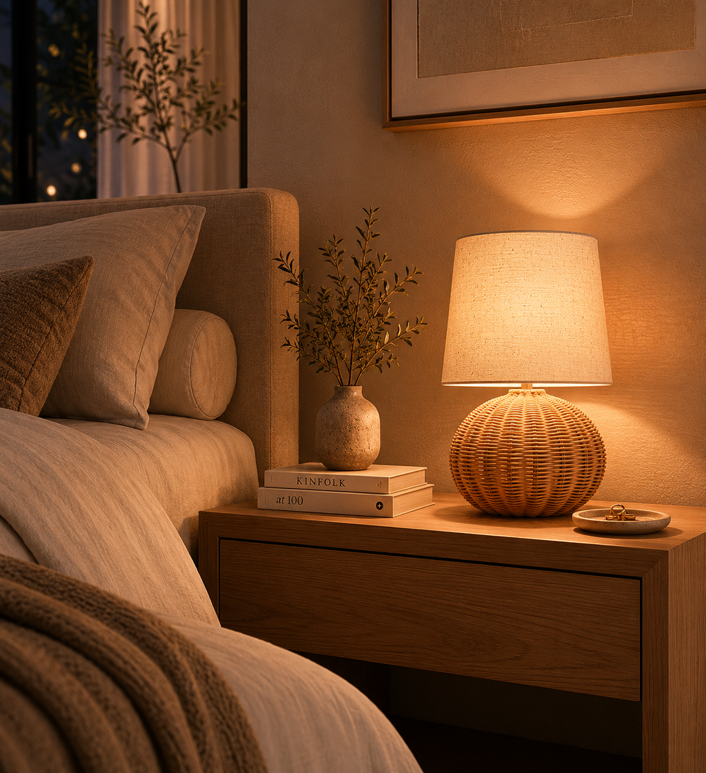 Cozy bedroom scene with a bed, nightstand, lamp, and decorative items.