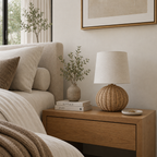 Rattan Oval Table Lamp – Woven Bamboo Base with Linen Shade, Boho Bedside Light Foryuni