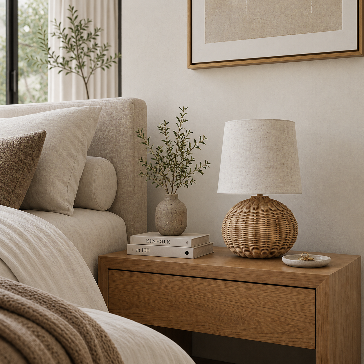 Rattan Oval Table Lamp – Woven Bamboo Base with Linen Shade, Boho Bedside Light Foryuni