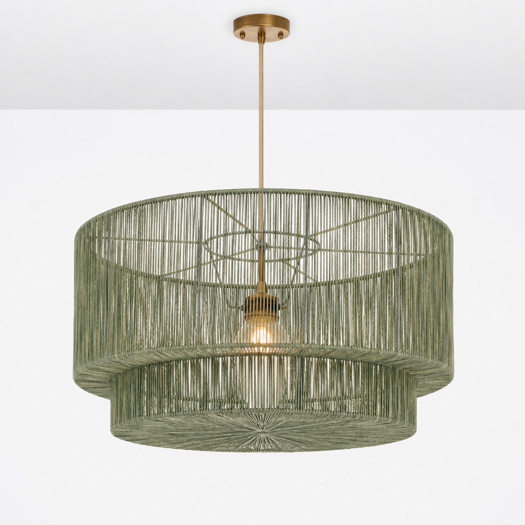 Tiered Drum Pendant Light – Black Woven Hemp Rope Hanging Chandelier, Boho Minimalist Ceiling Lamp Foryuni