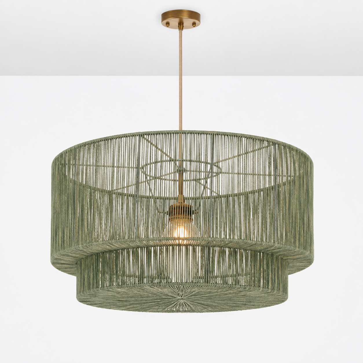 Tiered Drum Pendant Light – Black Woven Hemp Rope Hanging Chandelier, Boho Minimalist Ceiling Lamp Foryuni