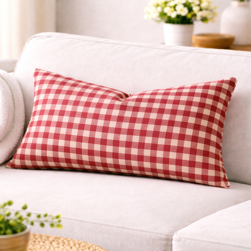 Red and white checkered pillow on a white sofa with a blurred background