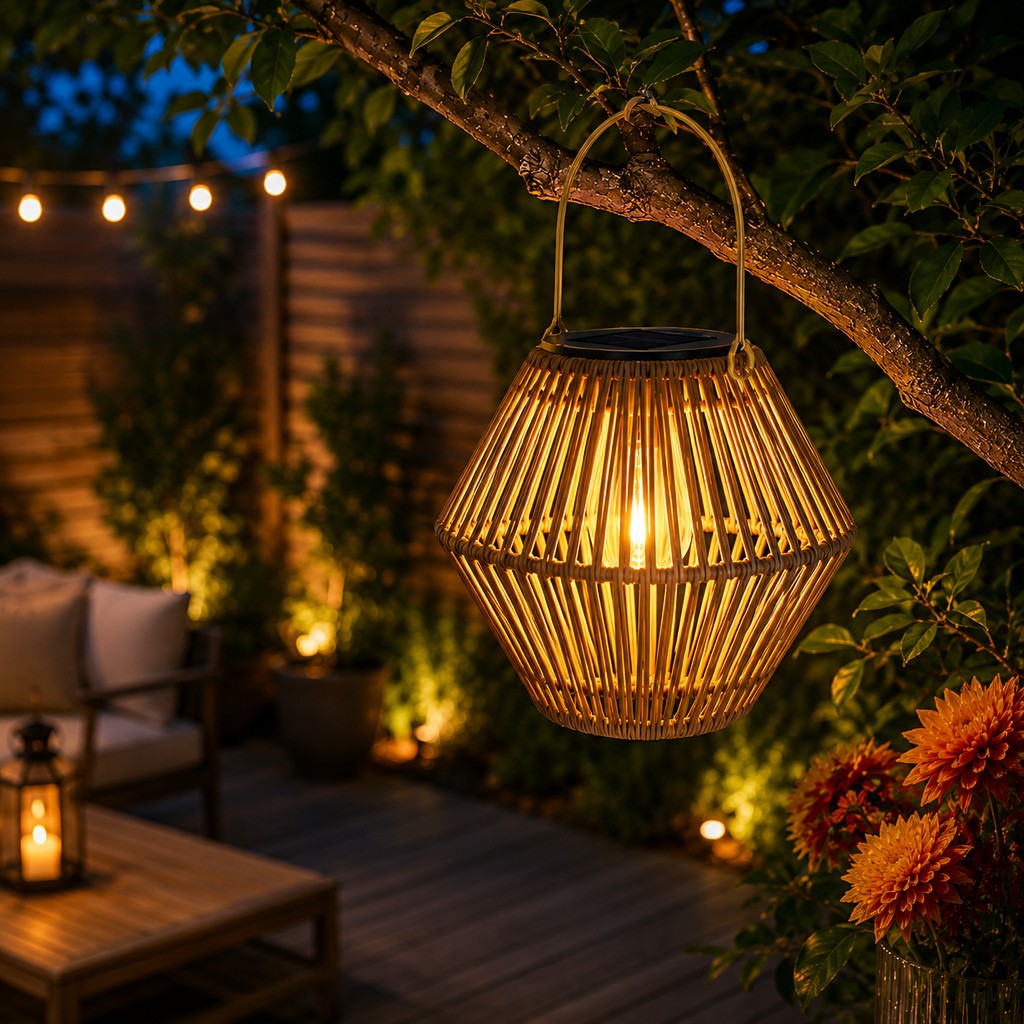 Hanging Solar Rattan Lantern — Woven, Warm White LED, Outdoor Foryuni