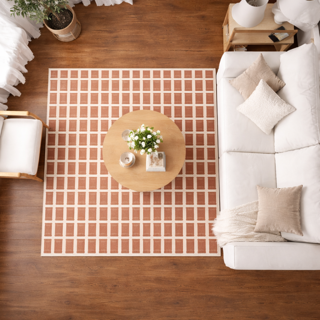 Living room with a checkered area rug, white sofa, and wooden coffee table.