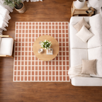Living room with a checkered area rug, white sofa, and wooden coffee table.