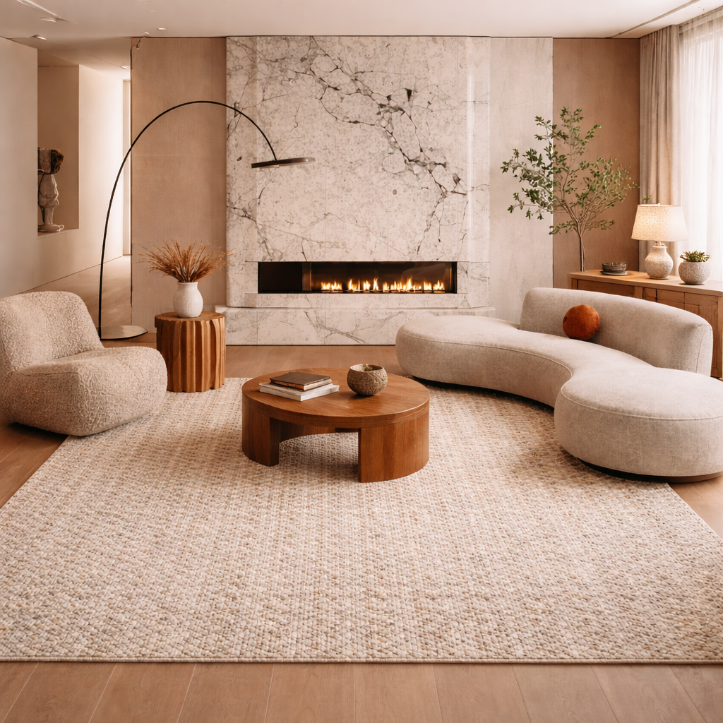 Modern living room with a fireplace, sofa, and coffee table.