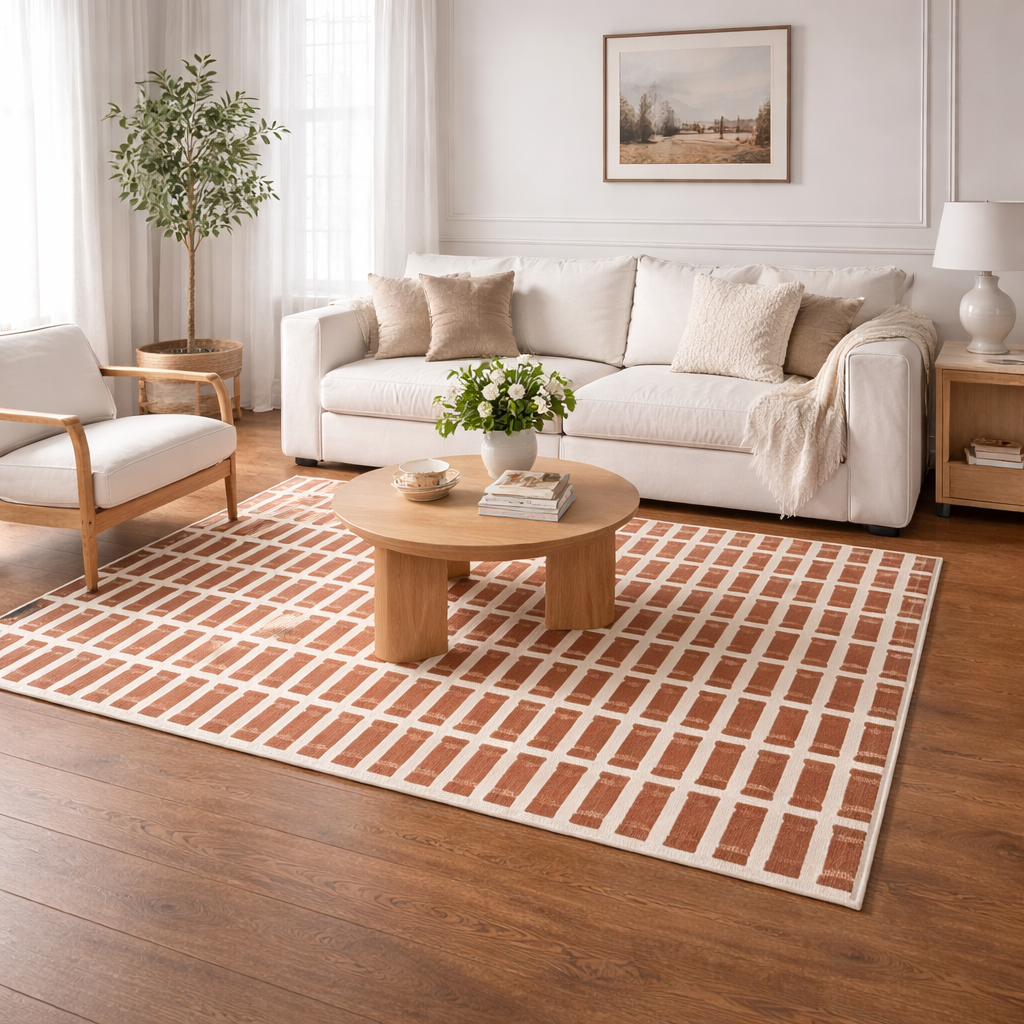 Living room with a beige sofa, wooden coffee table, and patterned rug.