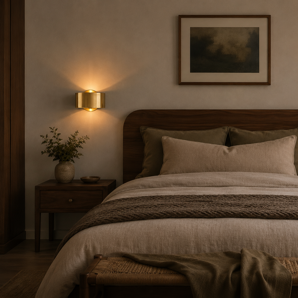 Cozy bedroom with wooden bed, nightstands, and wall sconces.