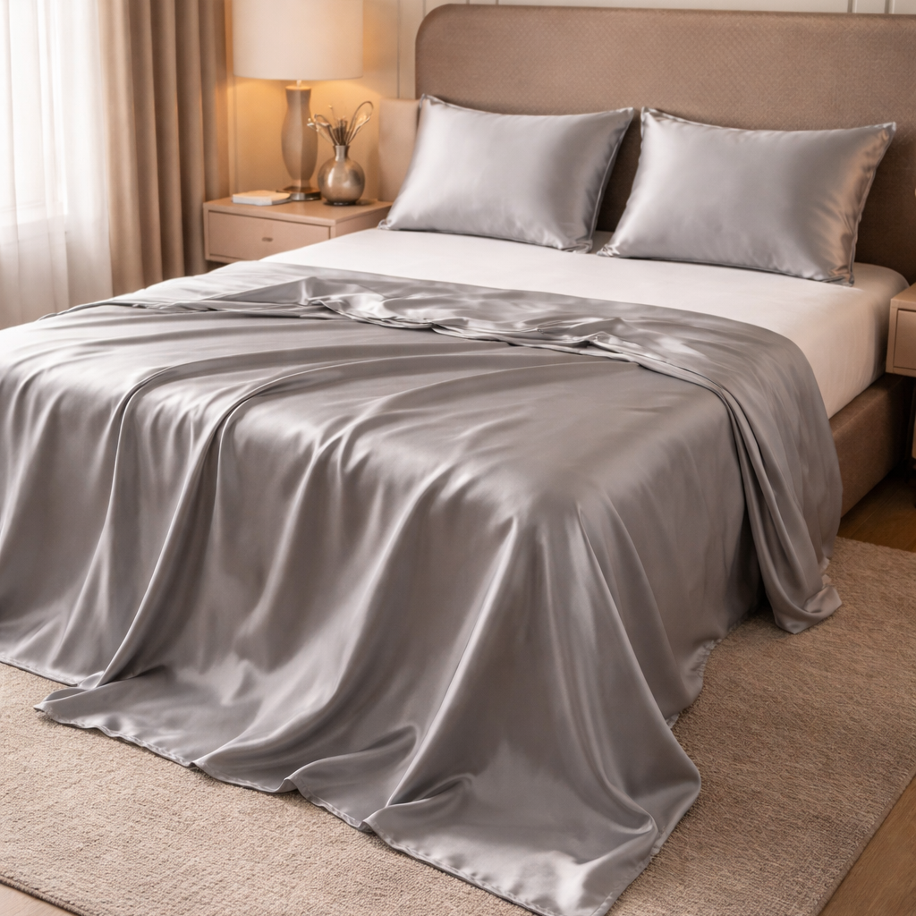 Bed with gray satin blanket and pillows in a bedroom setting
