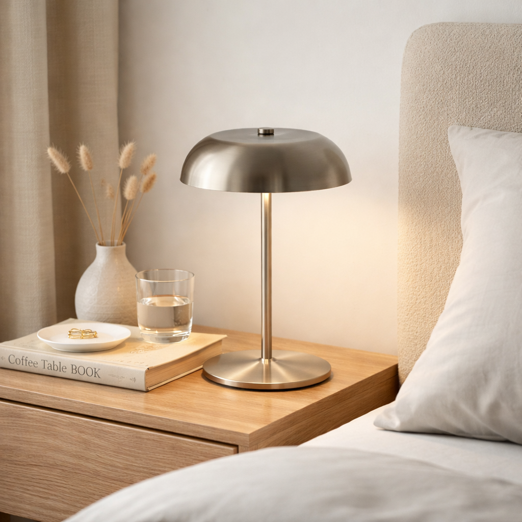 Modern table lamp on a bedside table with a glass of water and a book in a cozy bedroom setting.