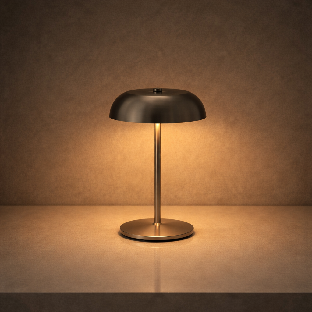 Modern table lamp with a black shade and bronze base on a brown background