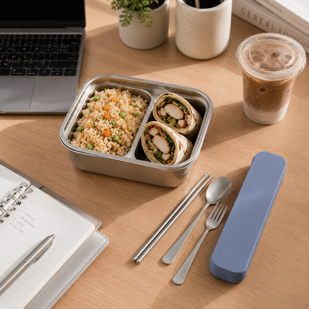 Lunchbox with food, utensils, and a drink on a wooden table.