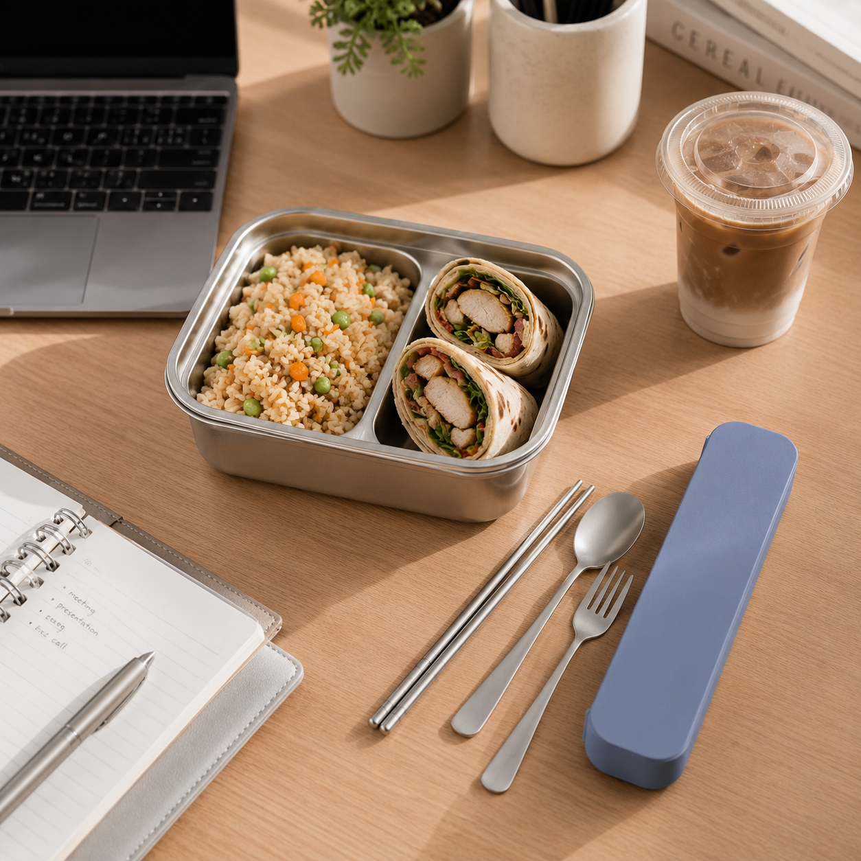 Lunchbox with food, utensils, and a drink on a wooden table.