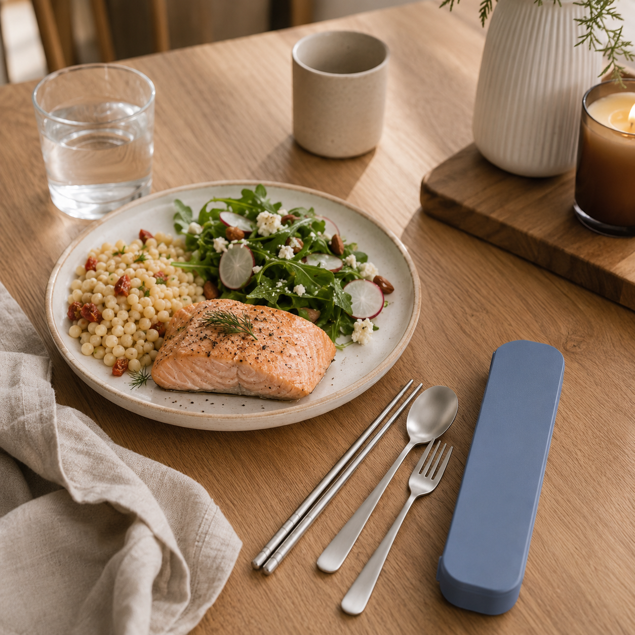 Dinner setting with salmon, salad, and side dish on a wooden table.