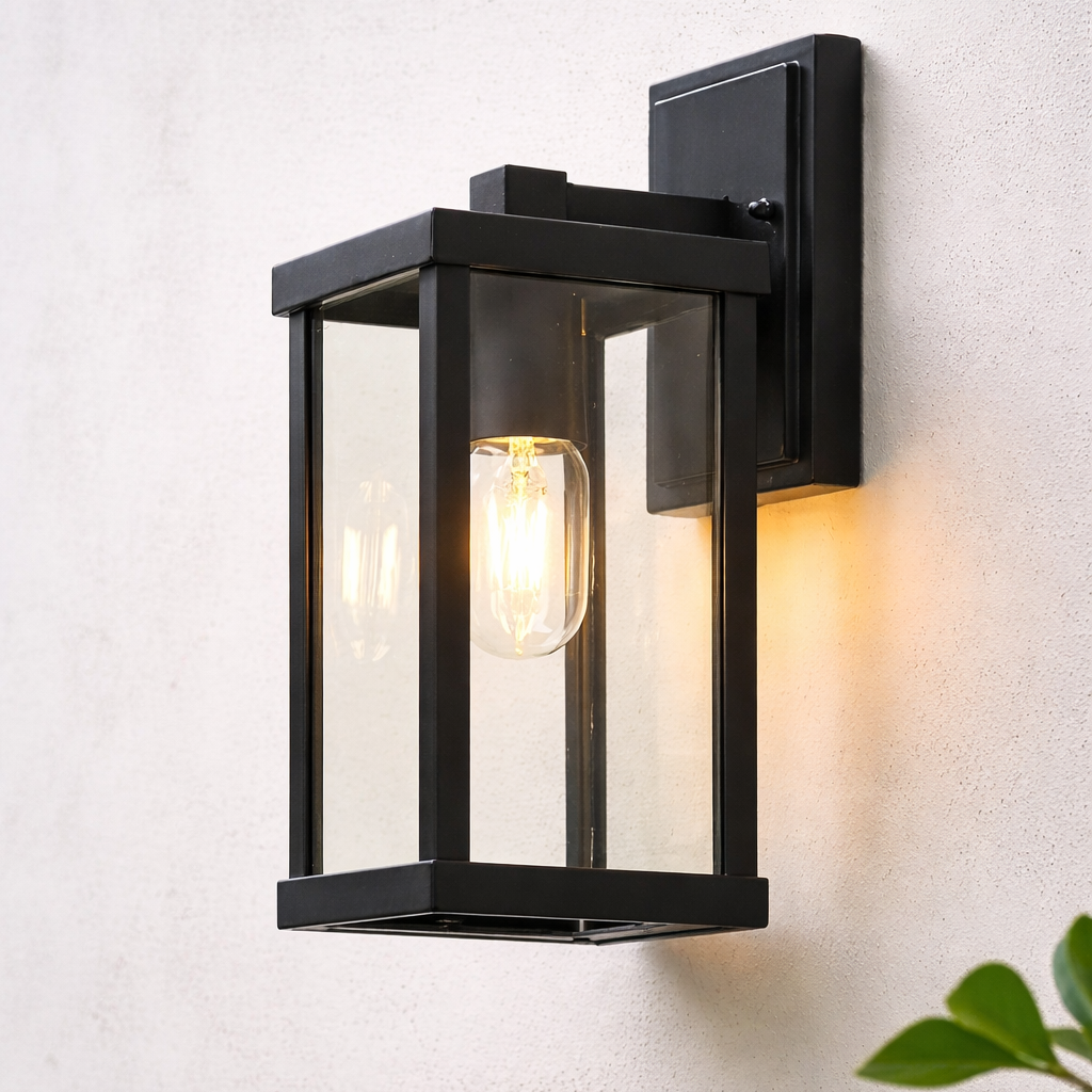 Black outdoor wall light fixture on a white wall with a plant in the corner.