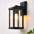 Black outdoor wall light fixture on a white wall with a plant in the corner.