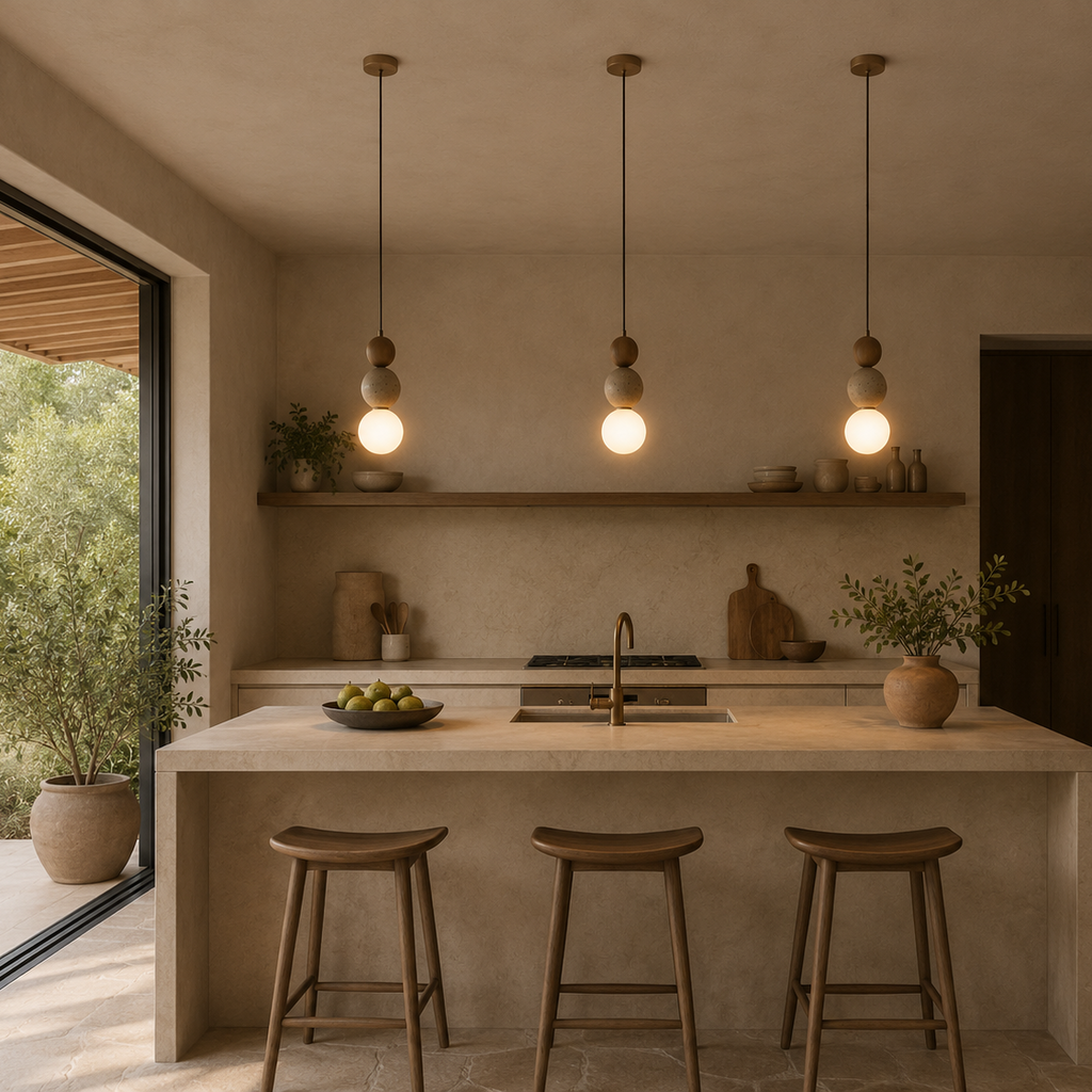 Stone & Wood Globe Pendant Light – Minimalist Sculptural Ceiling Lamp with Frosted Glass Shade Foryuni