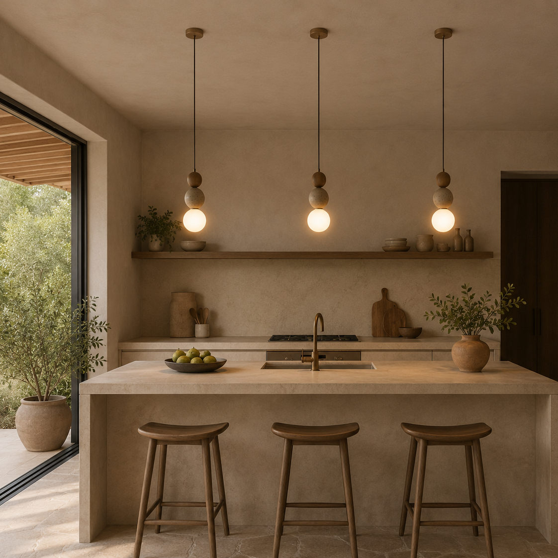 Stone & Wood Globe Pendant Light – Minimalist Sculptural Ceiling Lamp with Frosted Glass Shade Foryuni