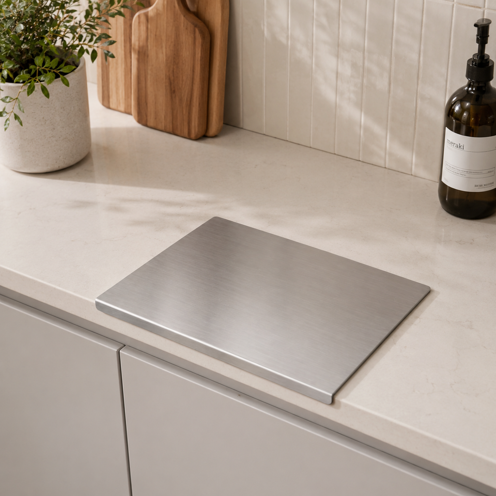 Stainless steel cutting board on a kitchen counter with a plant and bottle in the background