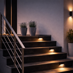 Staircase with embedded lights and potted plants on a dark evening.