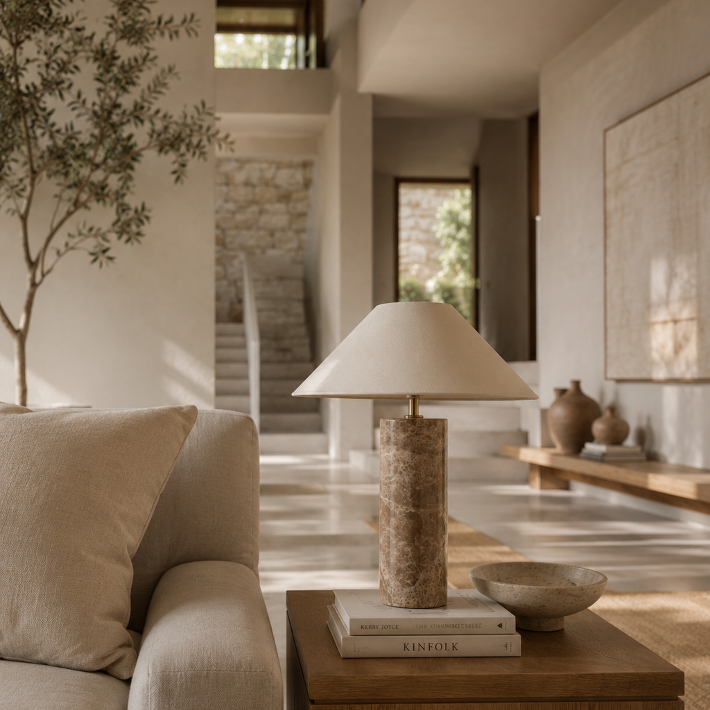 Modern living room with a lamp on a wooden side table, neutral decor, and a plant.