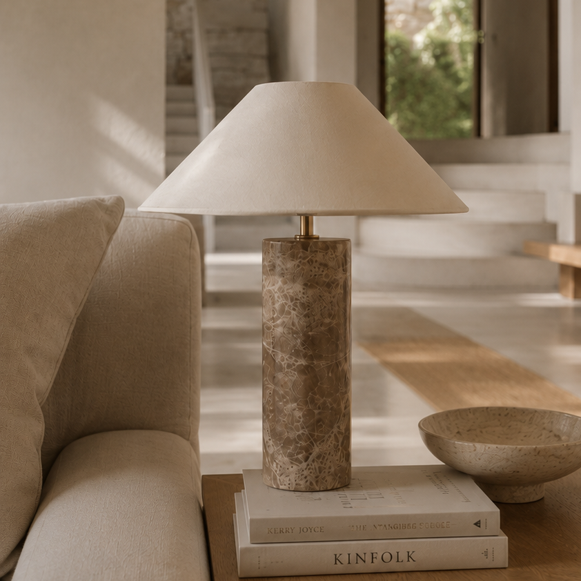 Travertine Pillar Table Lamp – Natural Stone Cylinder Base with Linen Cone Shade, Earthy Minimalist Foryuni