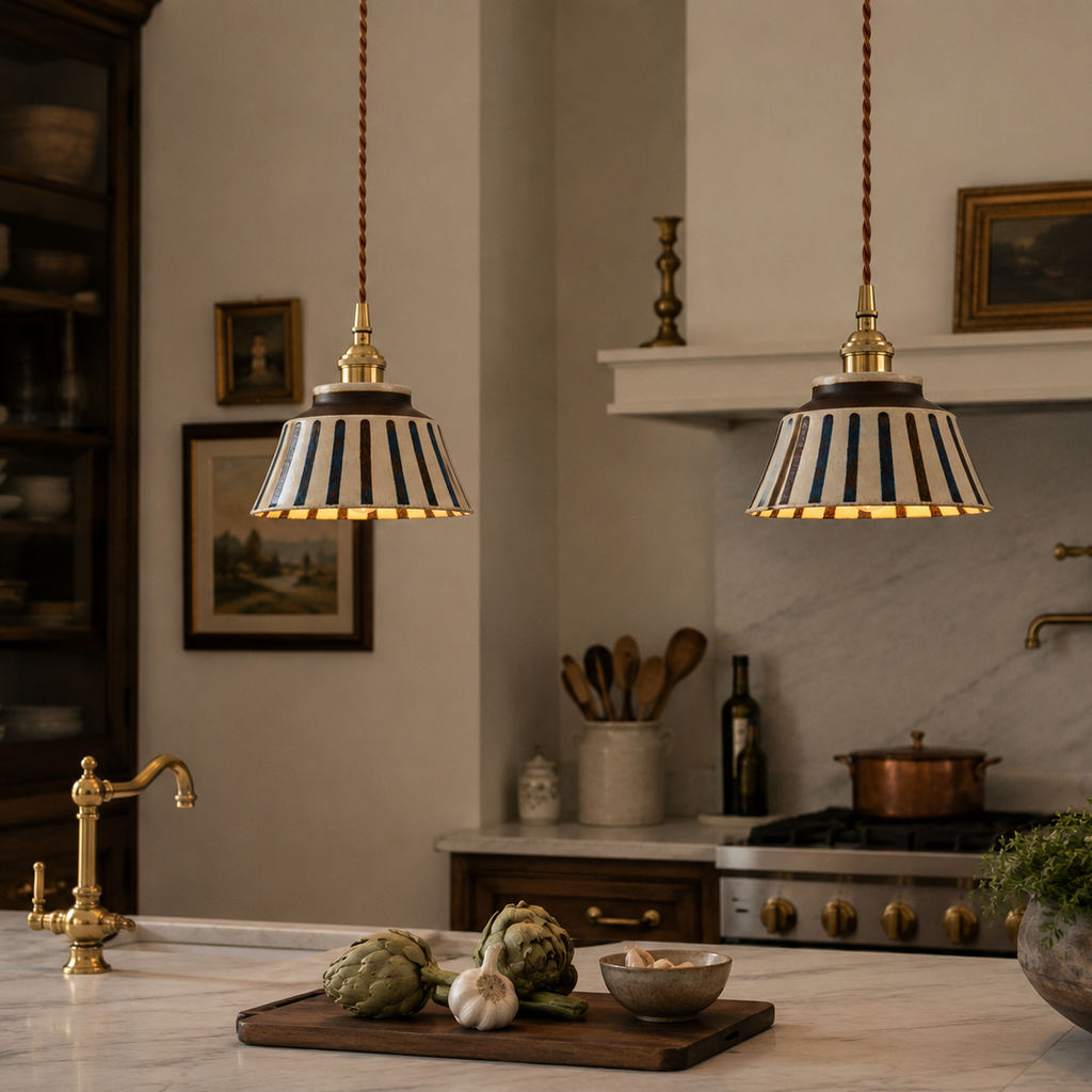 Modern kitchen with pendant lights, marble countertop, and decorative elements.