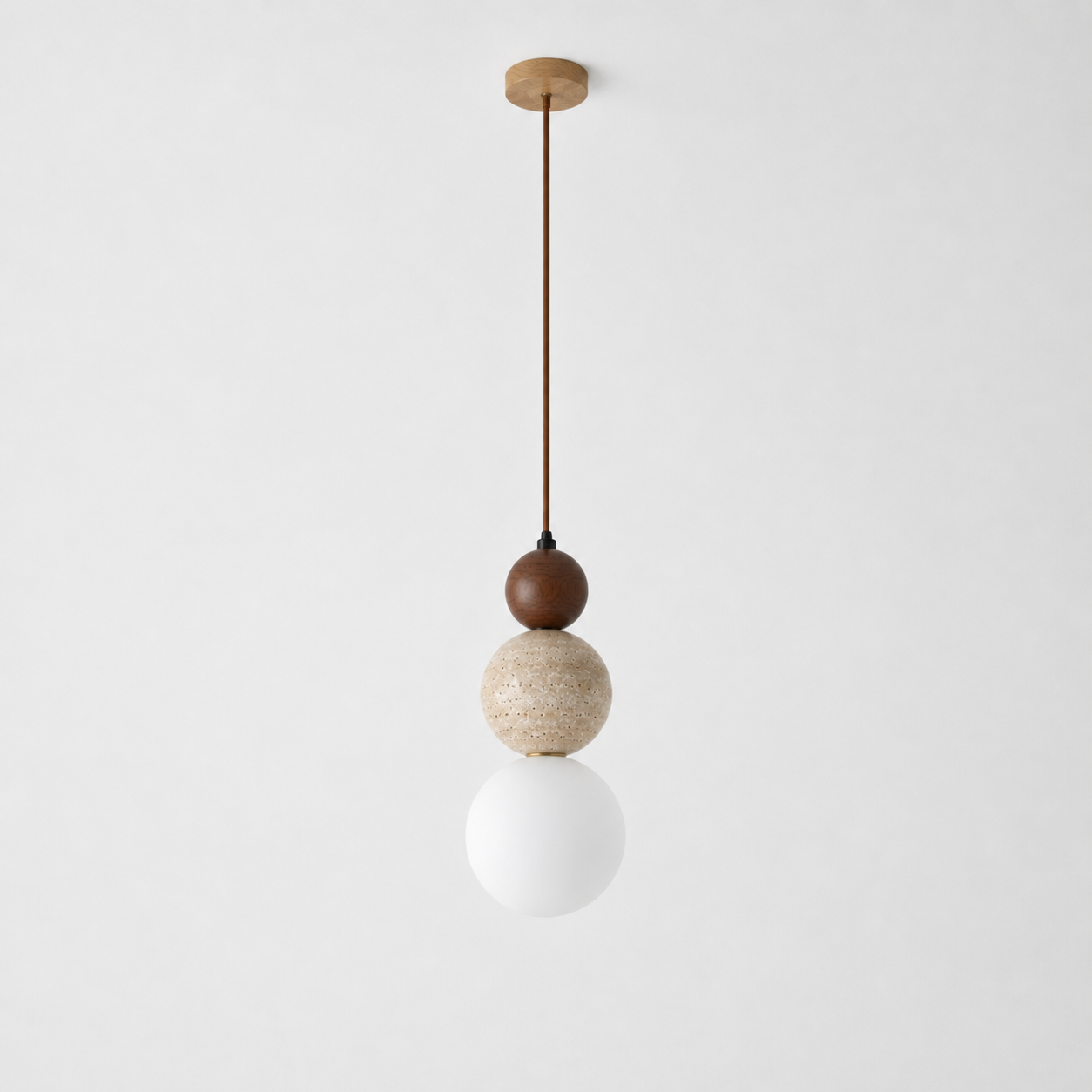 Stone & Wood Globe Pendant Light – Minimalist Sculptural Ceiling Lamp with Frosted Glass Shade Foryuni