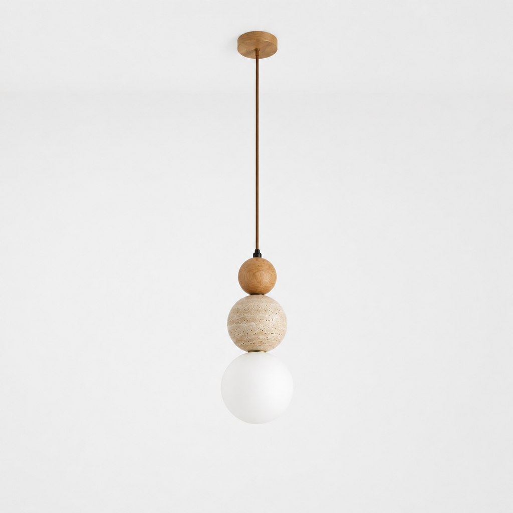 Stone & Wood Globe Pendant Light – Minimalist Sculptural Ceiling Lamp with Frosted Glass Shade Foryuni