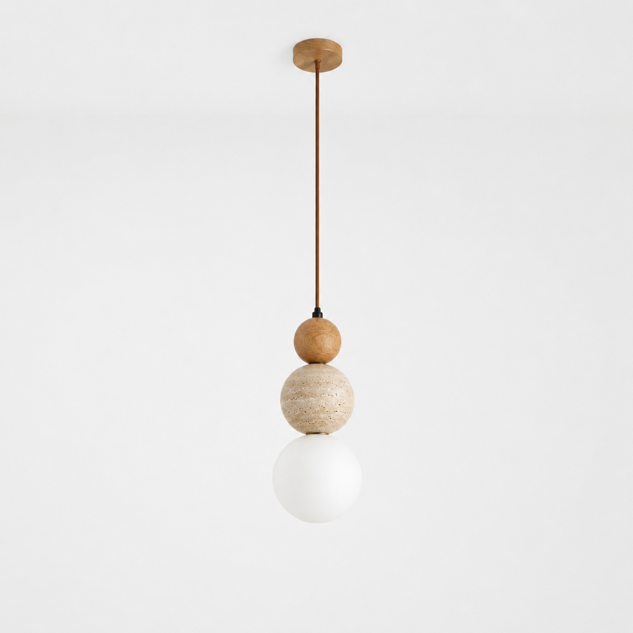 Stone & Wood Globe Pendant Light – Minimalist Sculptural Ceiling Lamp with Frosted Glass Shade Foryuni