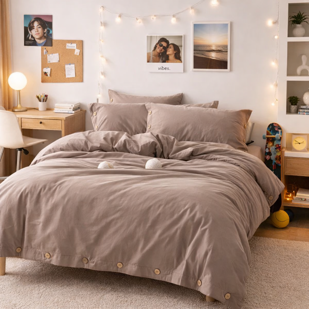 Neatly made bed with beige bedding in a well-decorated bedroom.