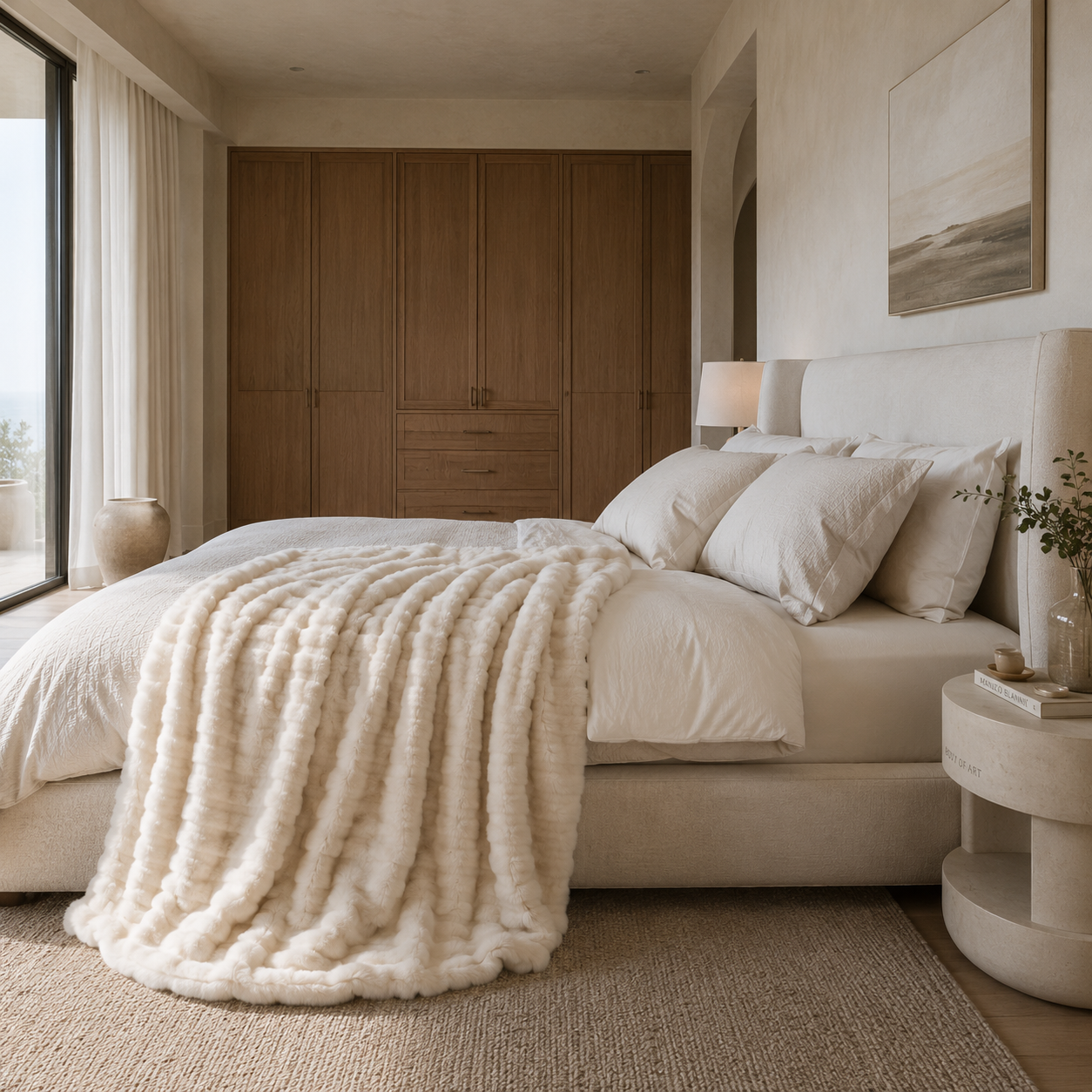 Neatly made bed with beige bedding and a textured white throw blanket in a bedroom setting.