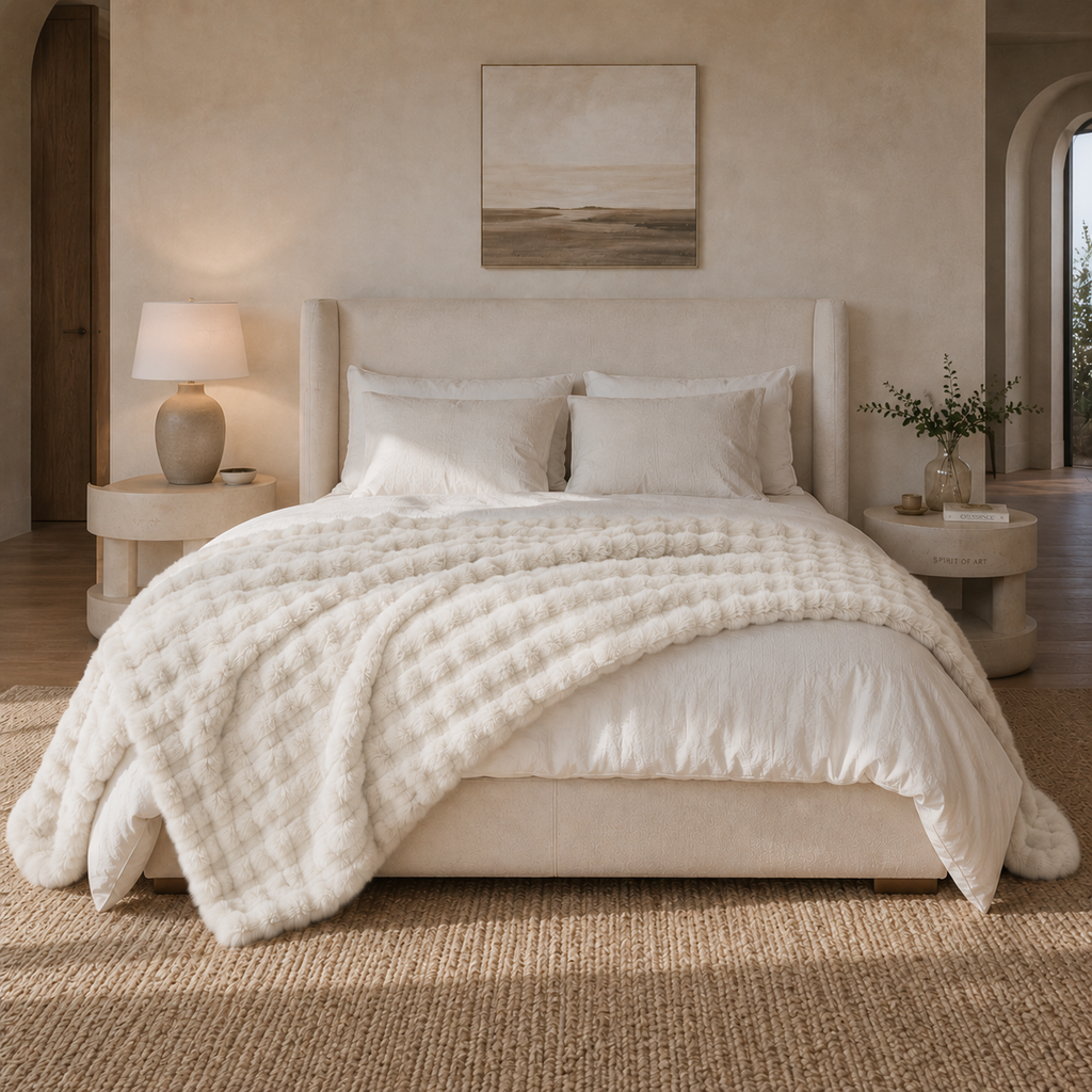 Neatly made bed with white bedding in a bedroom setting.