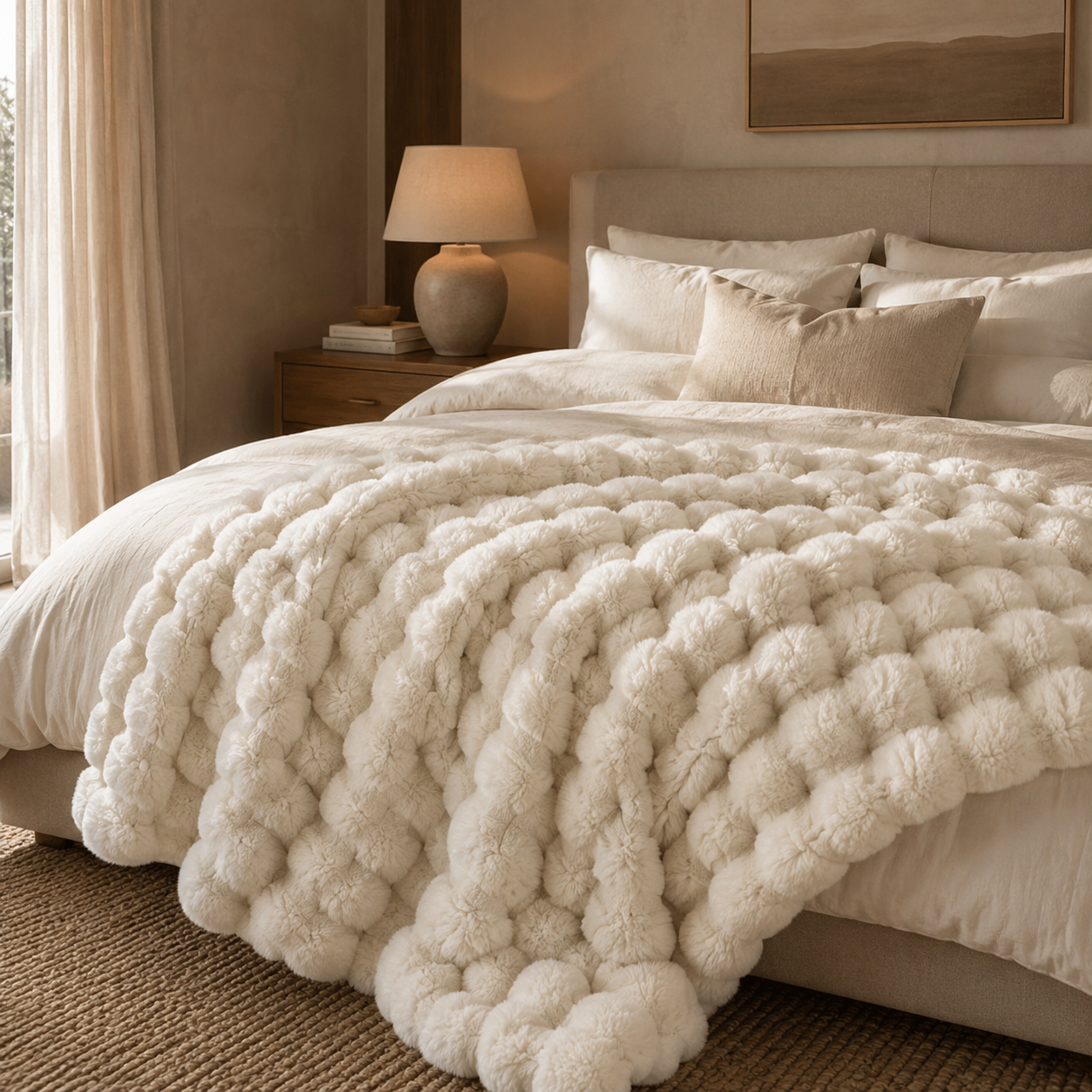 Cozy bedroom with a bed covered in a textured beige blanket, pillows, and a lamp on a nightstand.