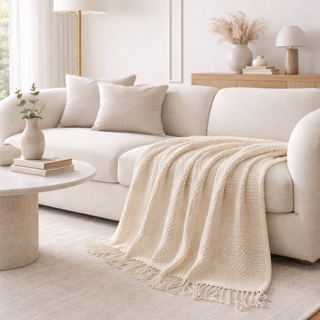 White blanket throw on a nice couch. 