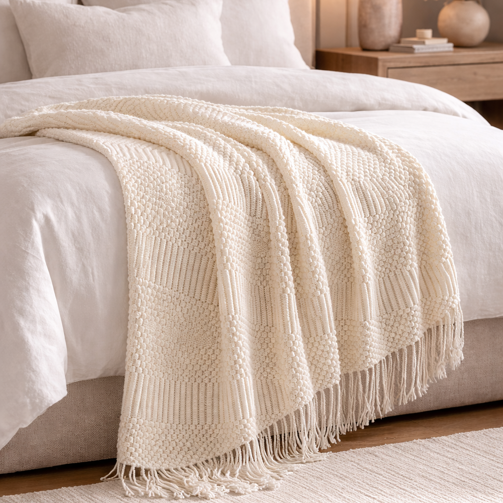 White throw blanket on a nice coxzy bed