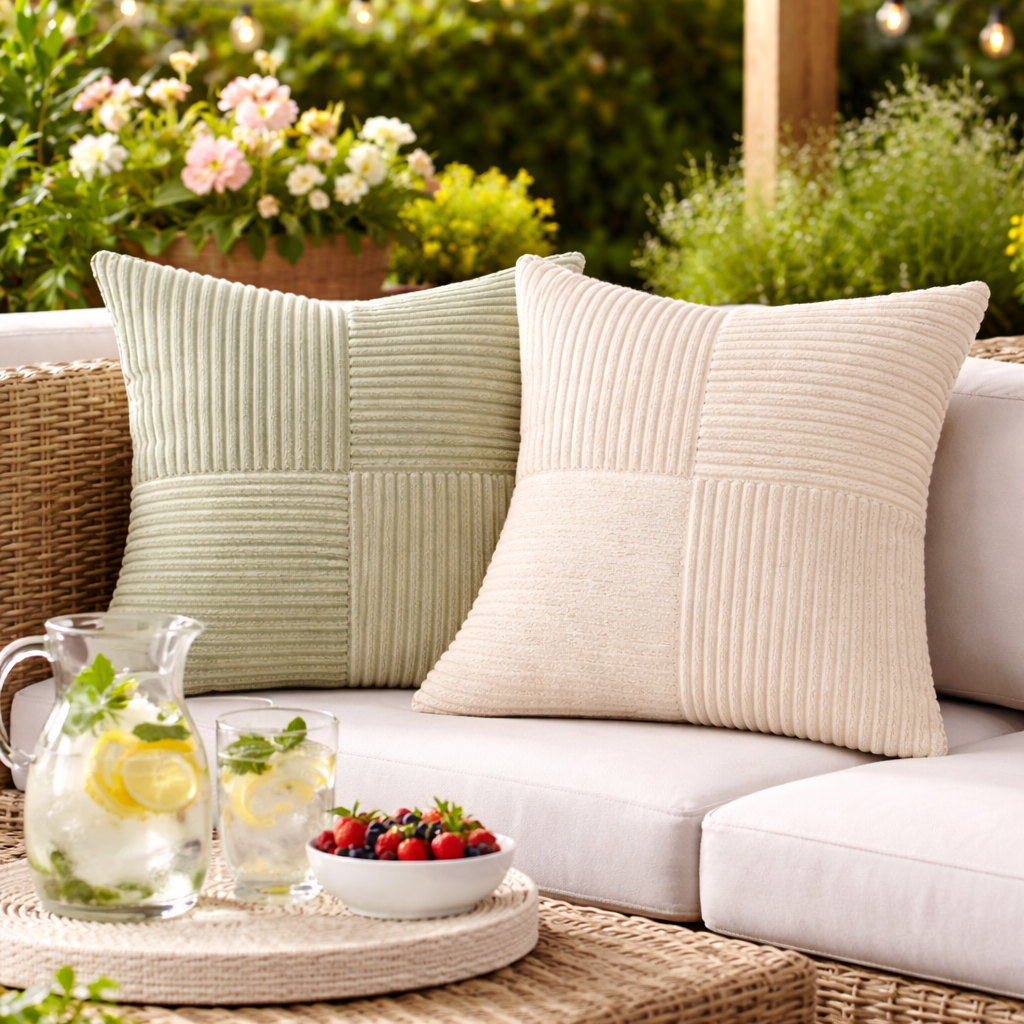 Outdoor setting with a sofa featuring textured pillows, a small table with a pitcher of lemonade and a bowl of fruit, and a garden in the background.