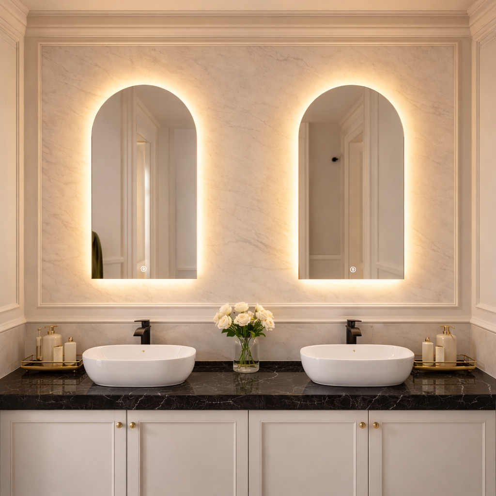 Bathroom with double sink vanity and illuminated mirrors
