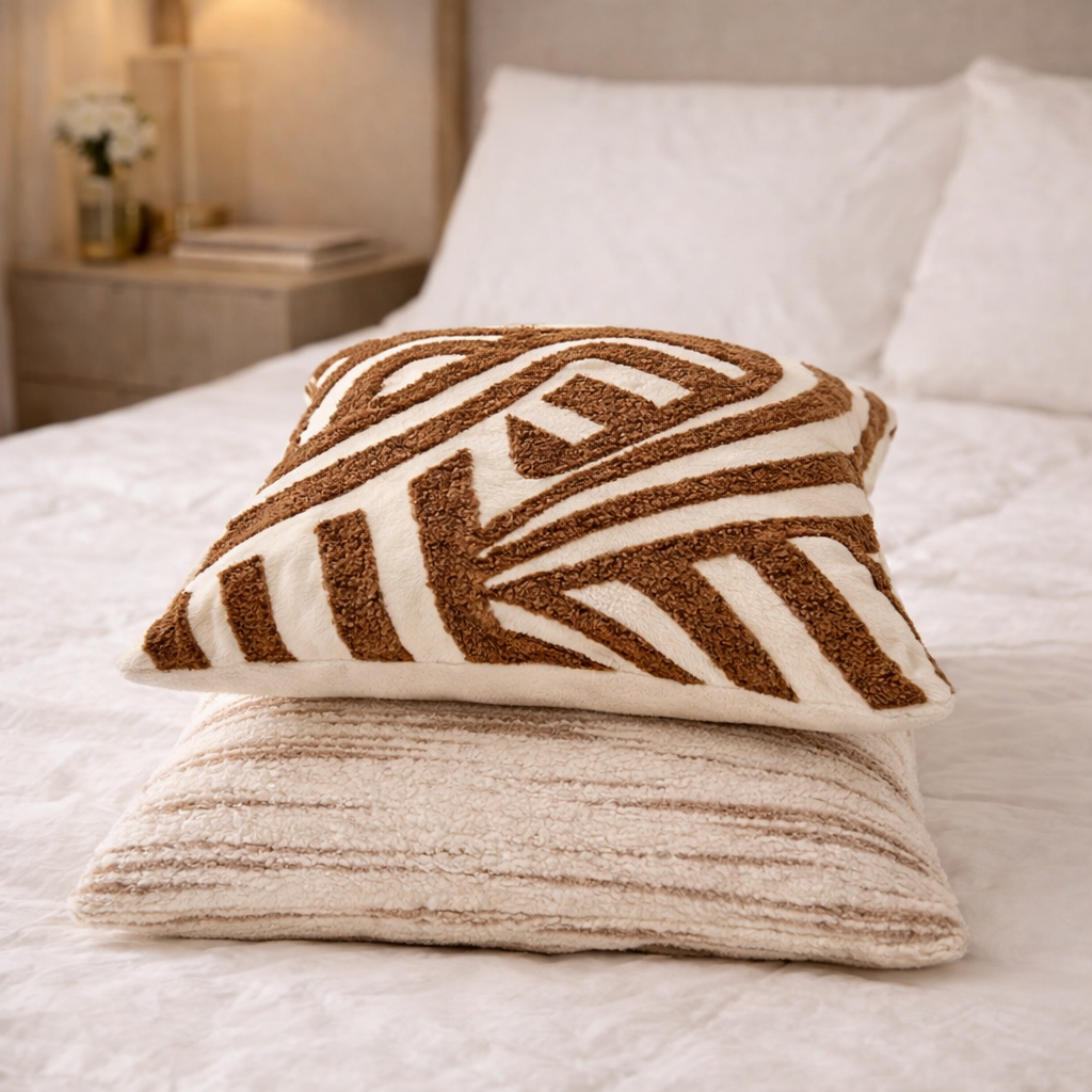 Decorative pillows with brown and beige patterns on a bed