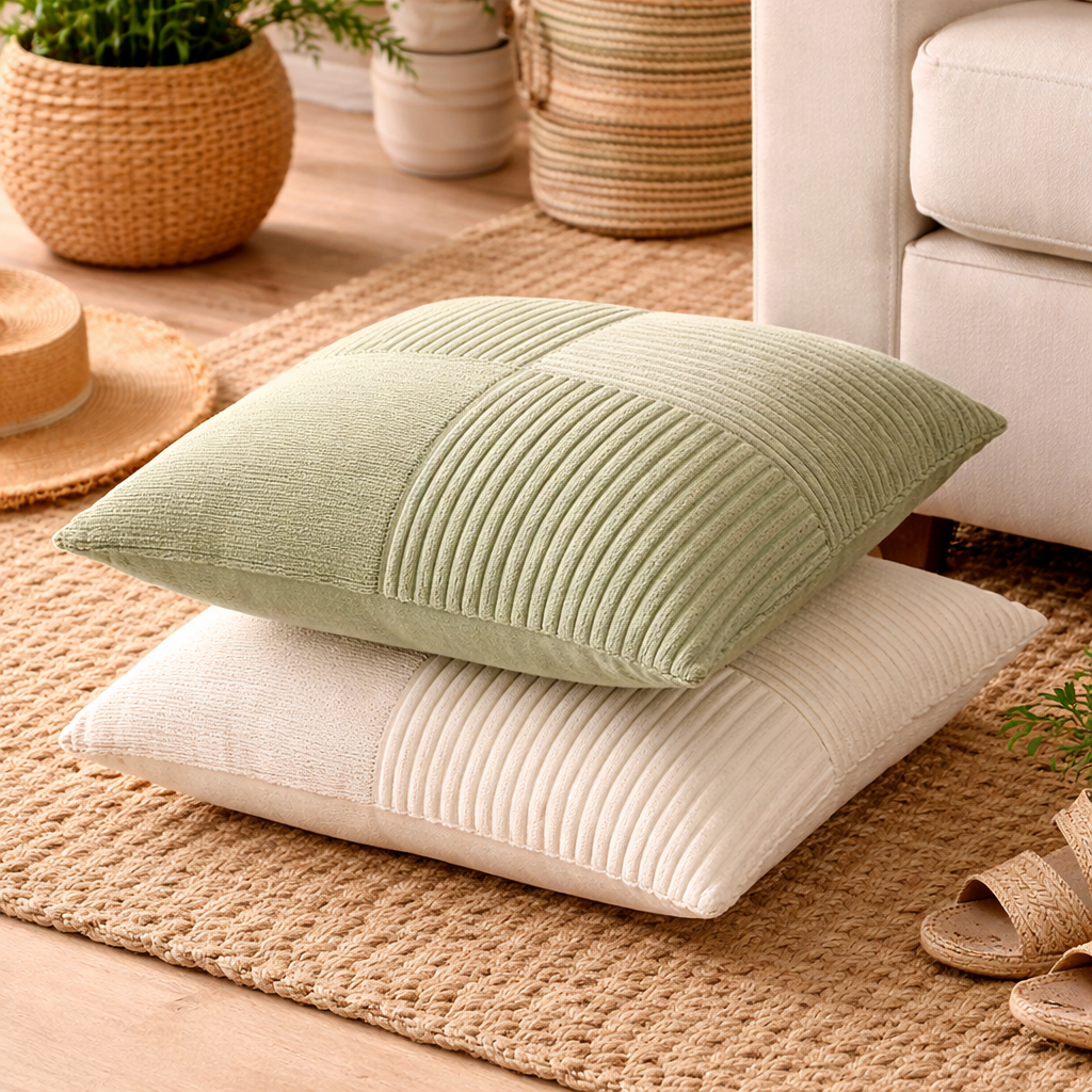 Two textured pillows stacked on a woven mat with a neutral-colored sofa and plants in the background.