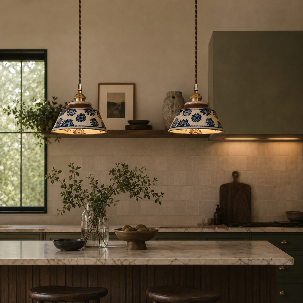 Kitchen interior with pendant lights, marble countertop, and decorative elements.