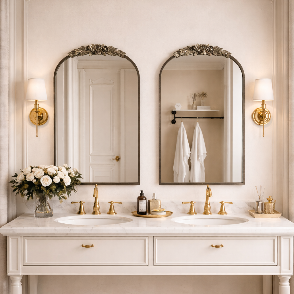 Bathroom vanity with two mirrors, lights, and decorative elements.