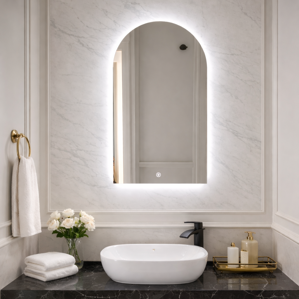 Bathroom vanity with a white sink, black countertop, and illuminated mirror.