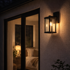 Wall-mounted outdoor light fixture on a house exterior with a reflection of a bedroom interior.