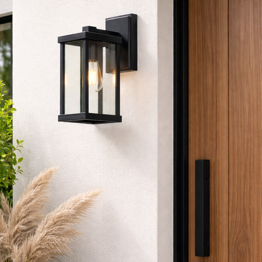 Modern outdoor wall light fixture on a white wall next to a wooden door.