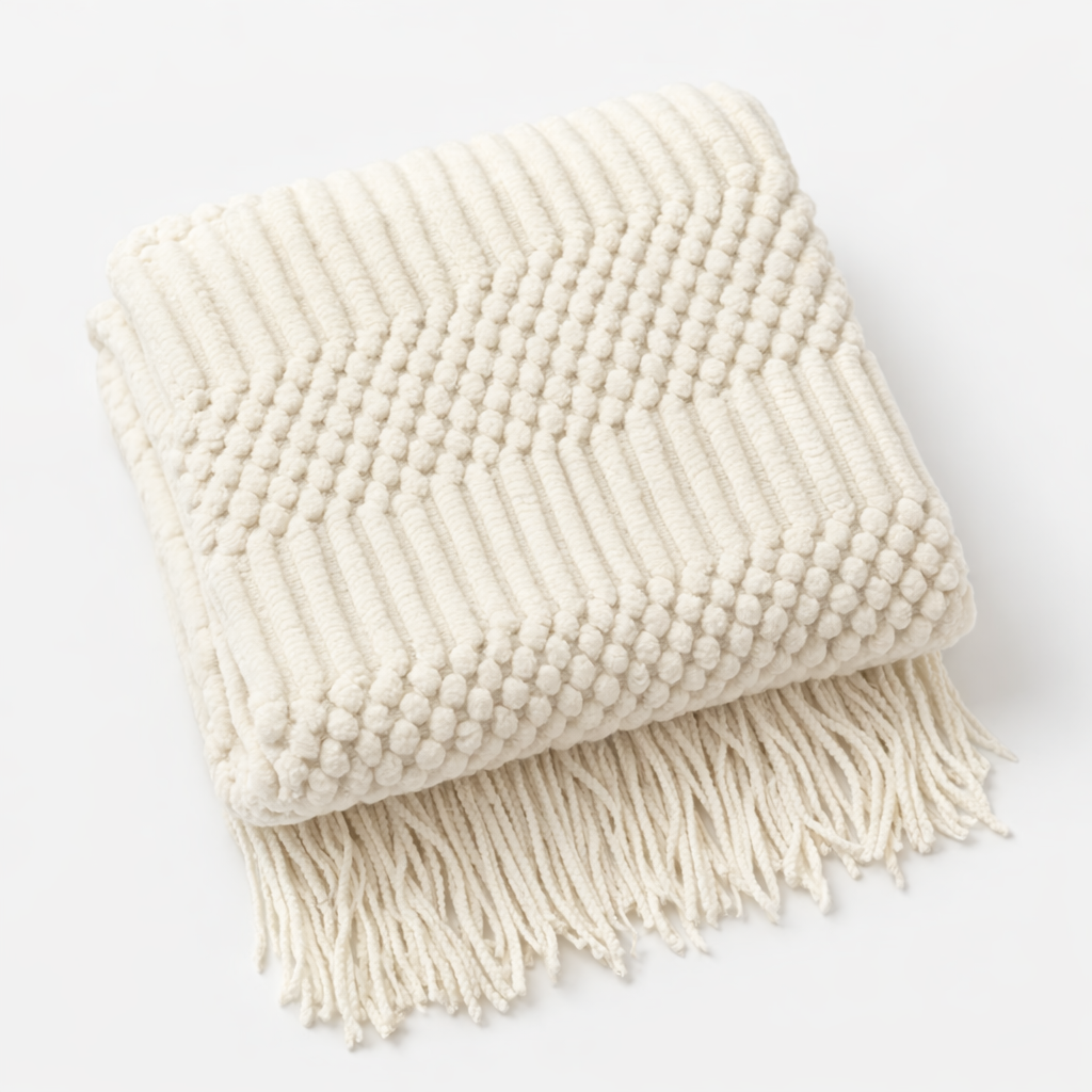 white blanket throw folded in a studio. 