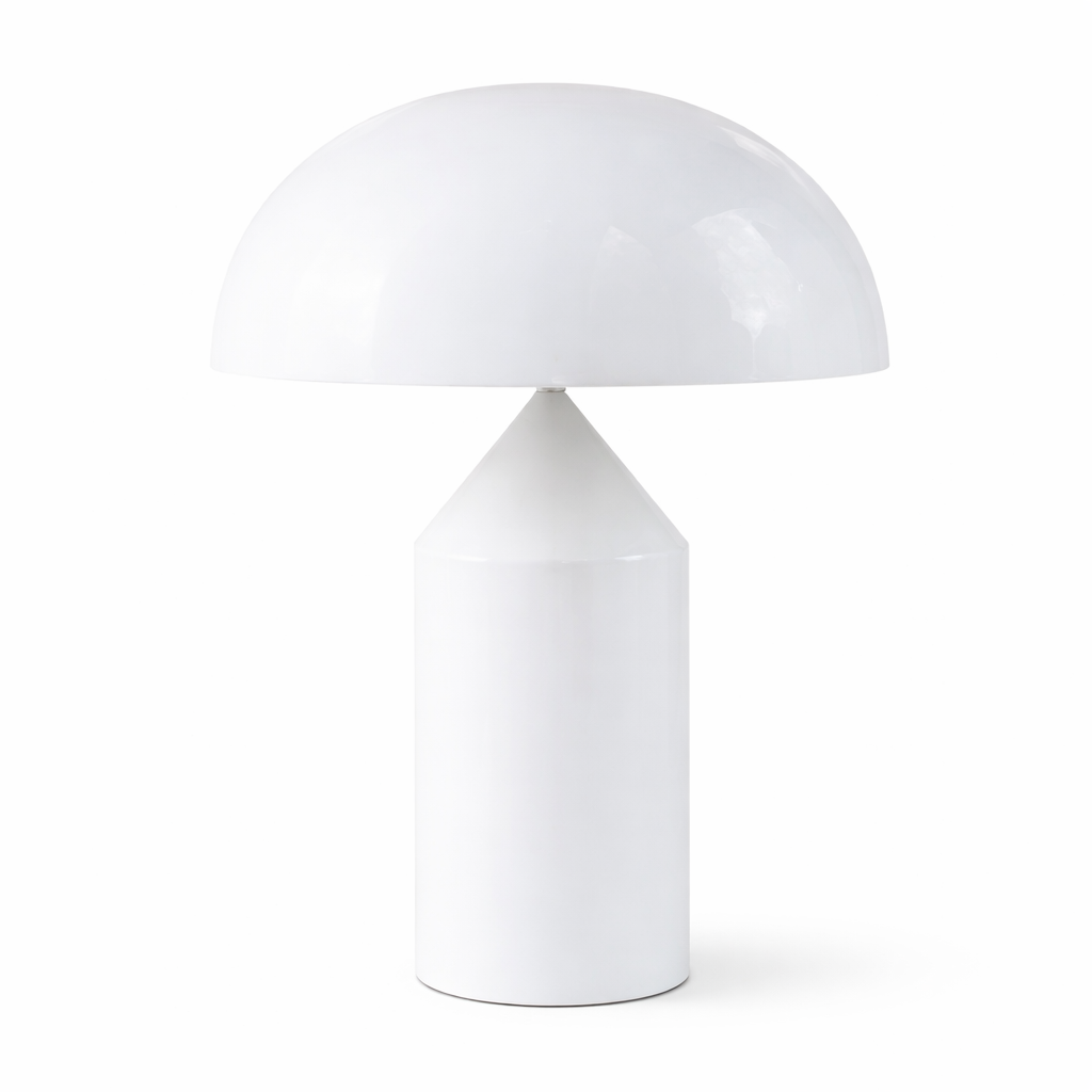 White table lamp with a mushroom-shaped shade on a white background