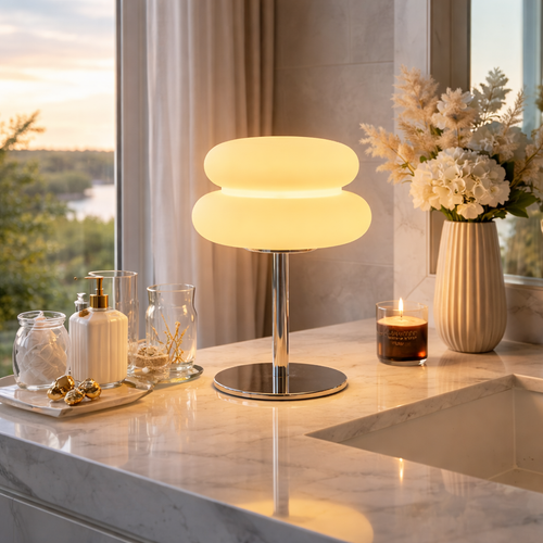 Modern table lamp on a marble surface with decorative items and a scenic view.